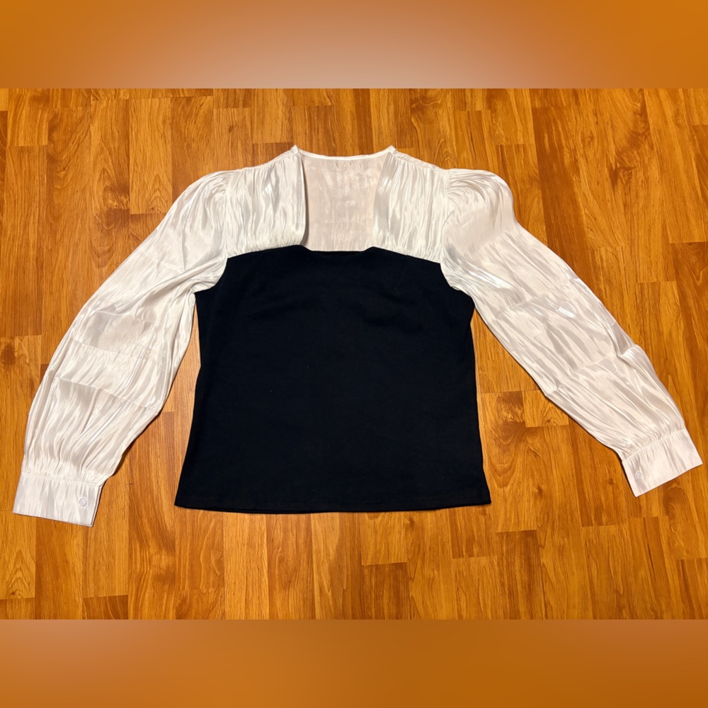 Black and White Long Sleeve Top with Satin-like sleeves